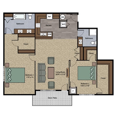 Floor plan for 2 beds, 2 baths, 1462 sqft